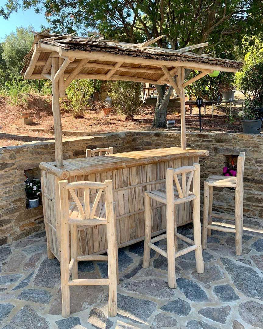 Outdoor Teak Bar 200 cm with 4 Teak High Stools - Create a Friendly Outdoor Space