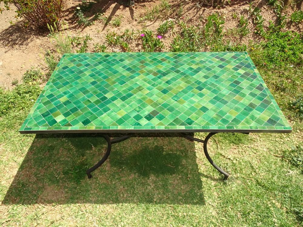 Zellige table, length 160 cm, width 90 cm, height 75 cm, green, tiles.