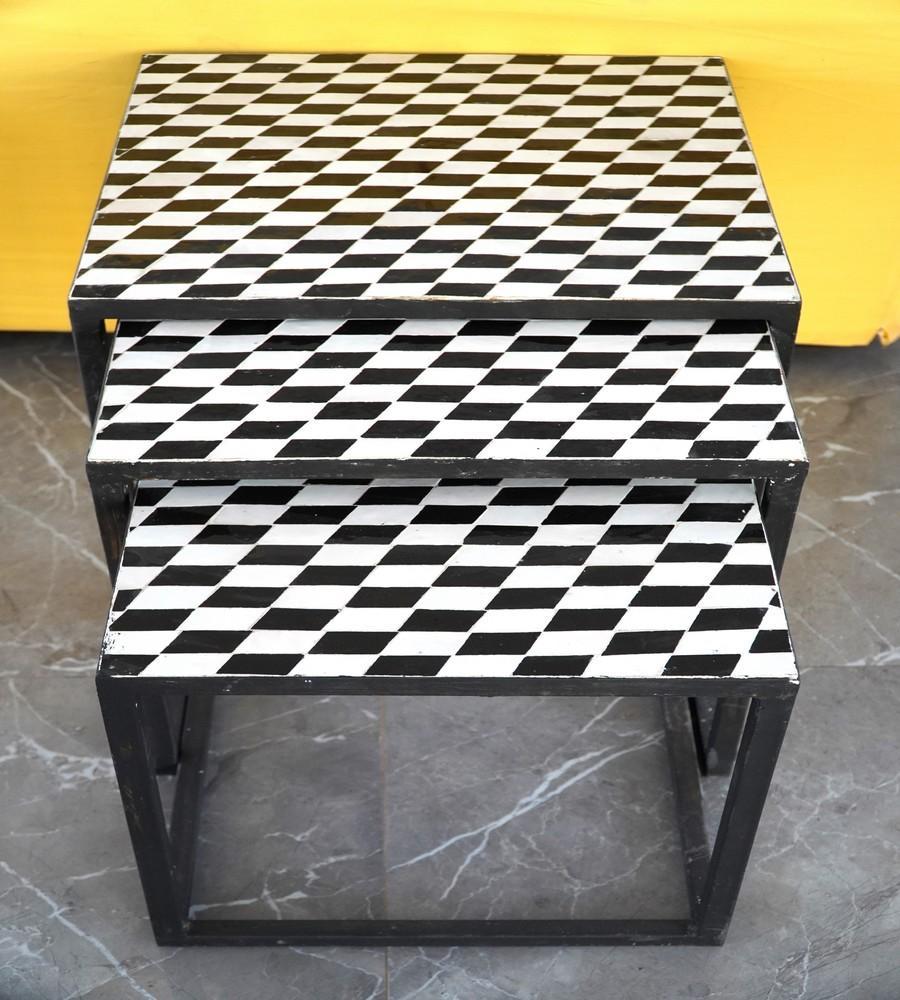 Set of 3 Black and White Zellige Square Tables - Variety of Sizes