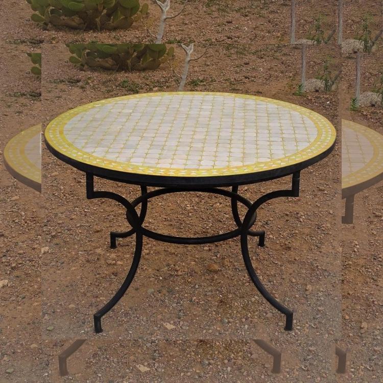 Beige zellige table with yellow cabochons - 120 cm in diameter, 75 cm high